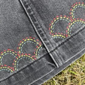 Reworked Denim Mini Skirt (size 14) Rainbows
