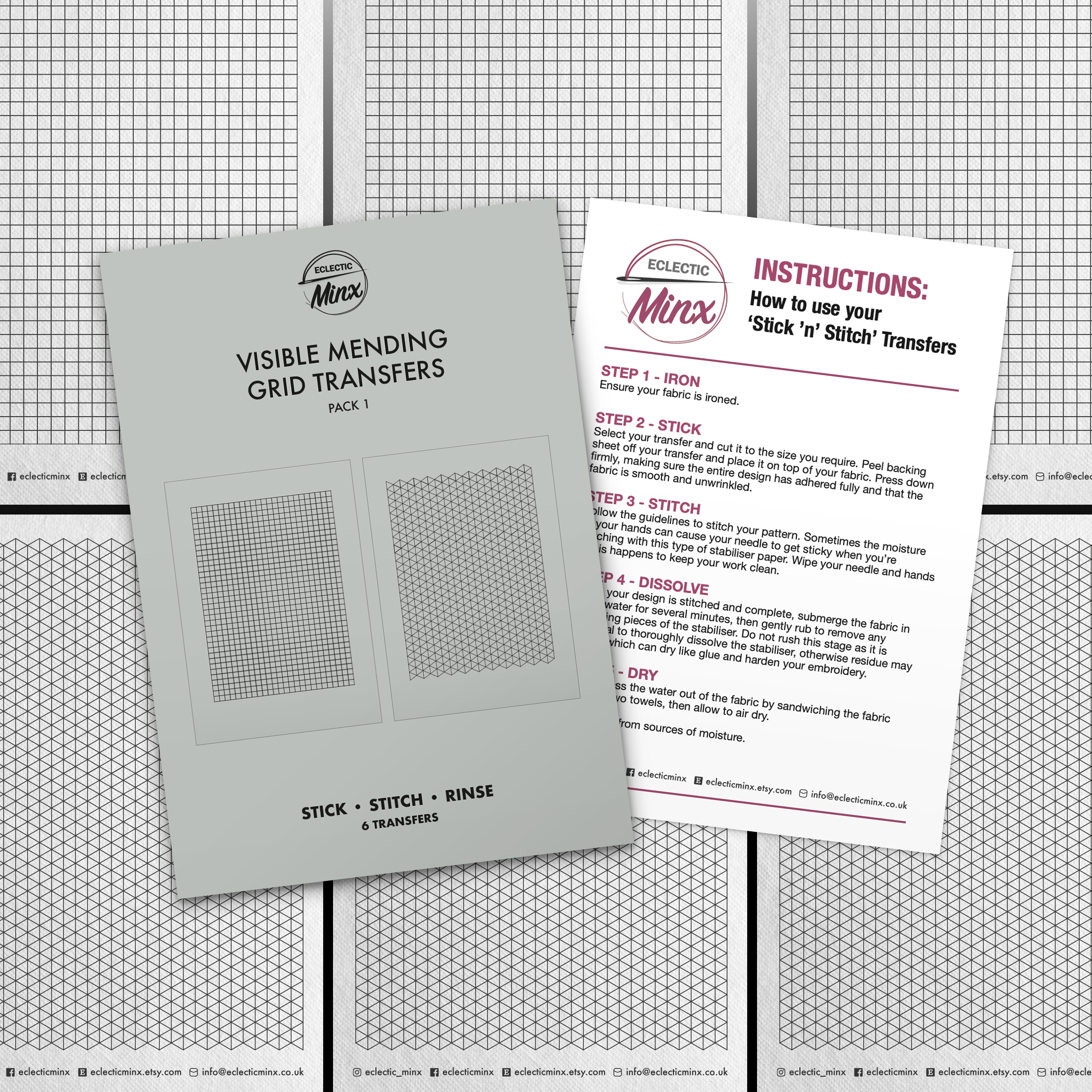 Pack 1B - 6 Stick 'n' Stitch Visible Mending Grids Water Soluble Patterns